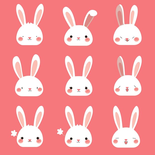Foto um close-up de um bando de coelhos de desenho animado com diferentes rostos generativo ai