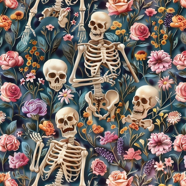 um close-up de um bando de esqueletos em um campo de flores generativo ai