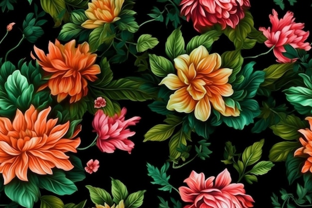 Um close-up de um bando de flores em um fundo preto generativo ai