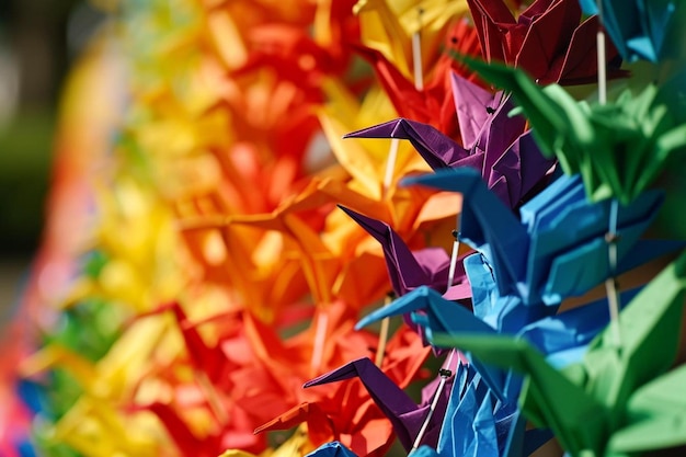 um close-up de um bando de guindastes origami