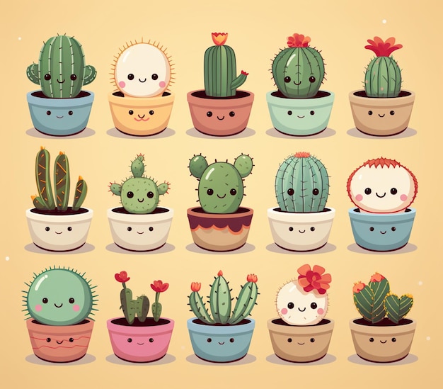 Foto um close-up de um bando de plantas de cactus com rostos generativos ai