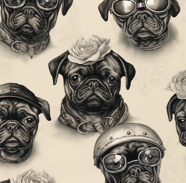 Foto um close-up de um bando de pugs vestindo diferentes tipos de chapéus generativo ai