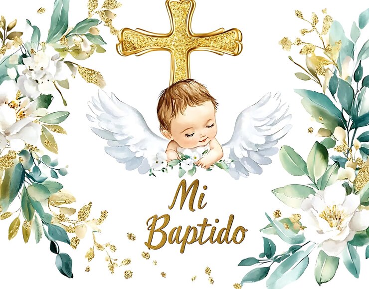Foto um close-up de um bebê com uma cruz e flores