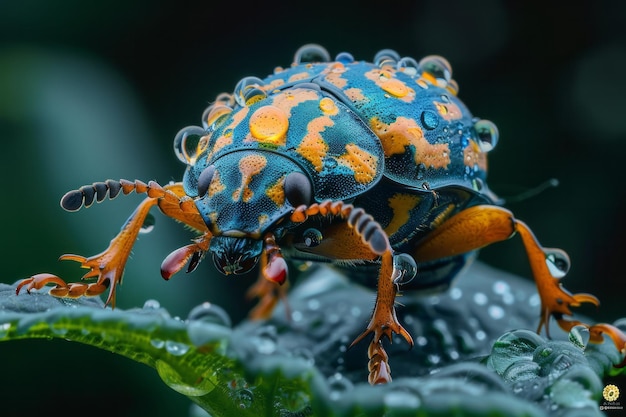 Um close-up de um besouro de concha de tartaruga suas bordas transparentes refletindo as cores do ambiente