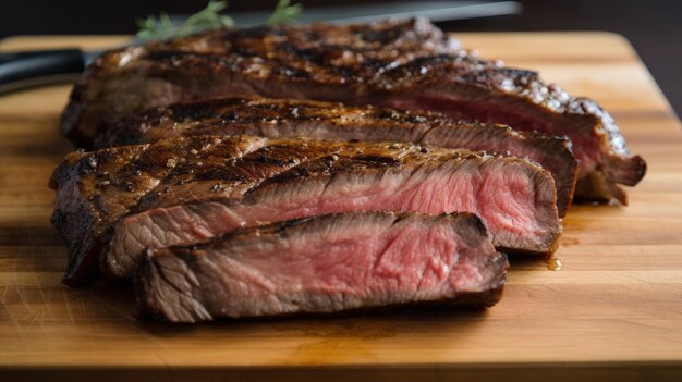 Foto um close-up de um bife em uma tábua de cortar