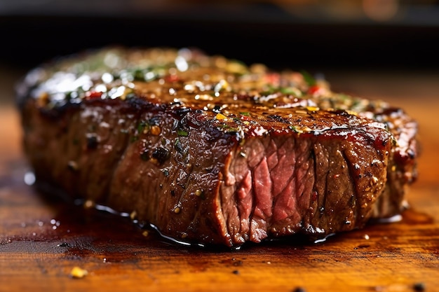 um close-up de um bife perfeitamente grelhado com uma IA de pimenta gerada