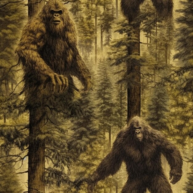 Um close-up de um Bigfoot e um squatman em uma floresta generativa ai