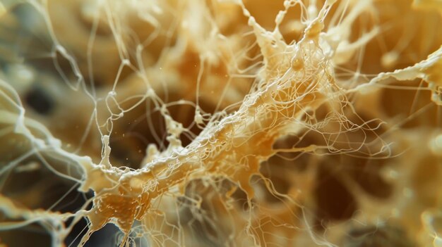 Um close-up de um biofilme bacteriano destacando a delicada estrutura em forma de teia formada pelo