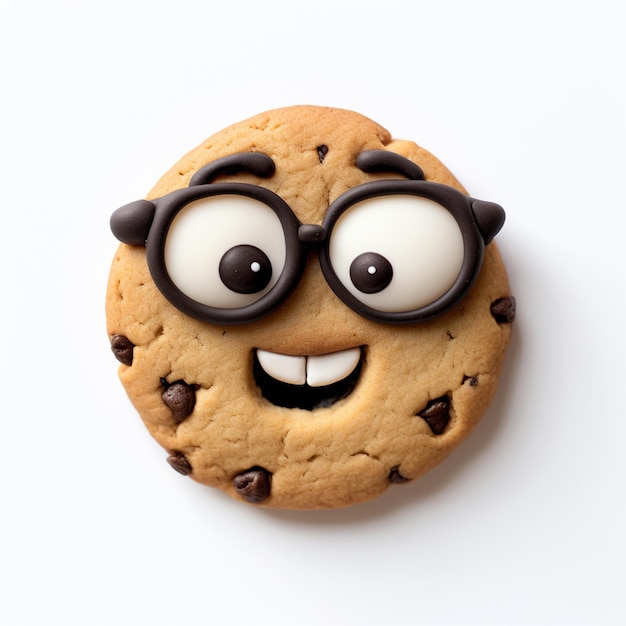 um close-up de um biscoito com um rosto feito de chips de chocolate