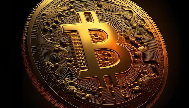 Um close-up de um bitcoin de ouro