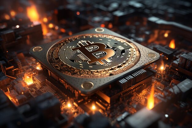 Um close-up de um bitcoin em uma placa-mãe de computador