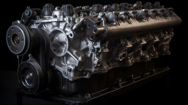 Um close-up de um bloco de cilindros de um motor de carro