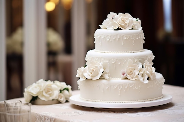 Um close-up de um bolo de casamento com flores brancas