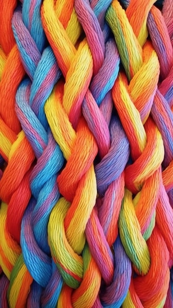 Um close-up de um cachecol de malha colorido com as cores do arco-íris.