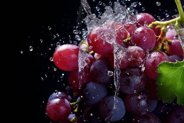 Um close-up de um cacho de uvas com água espirrando sobre eles ai generativo