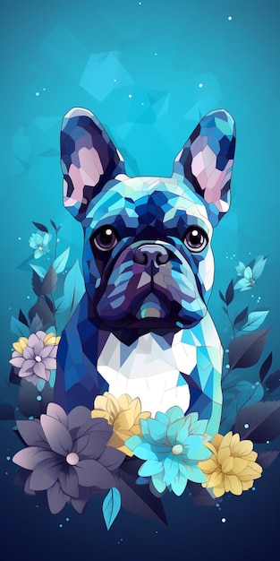 Um close-up de um cachorro com flores em um fundo azul generativo ai