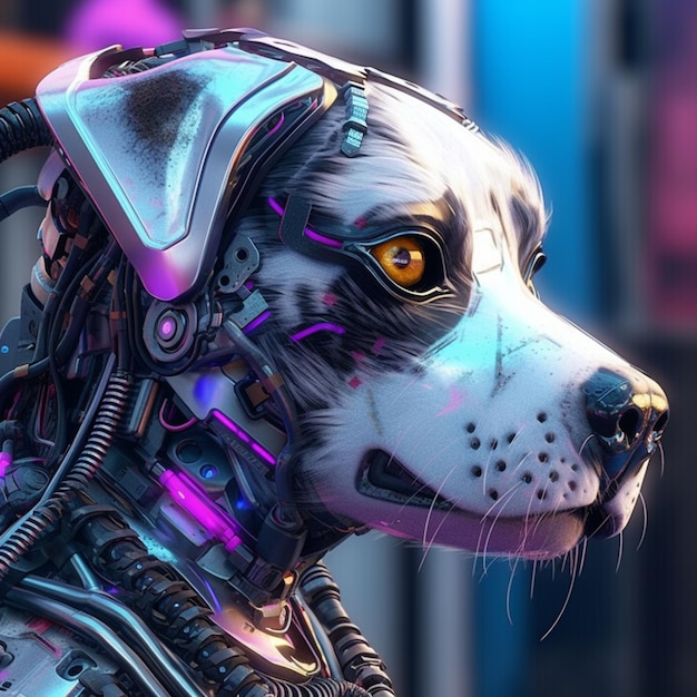 Um close-up de um cachorro com uma cabeça futurista e um traje futurista generativo ai