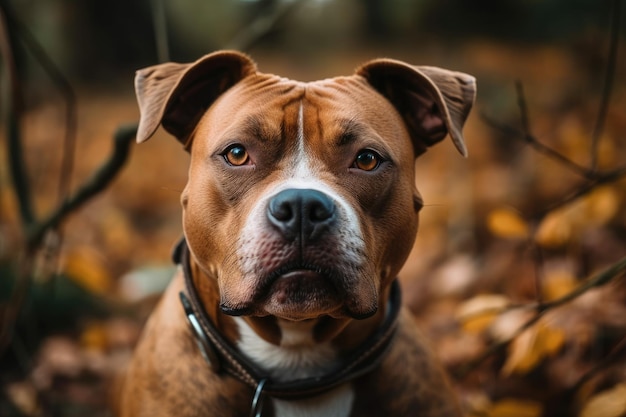 Um close-up de um cachorro Staffordshire Terrier se divertindo