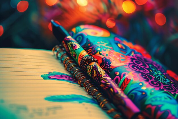 Foto um close-up de um caderno com uma caneta de design colorido nele