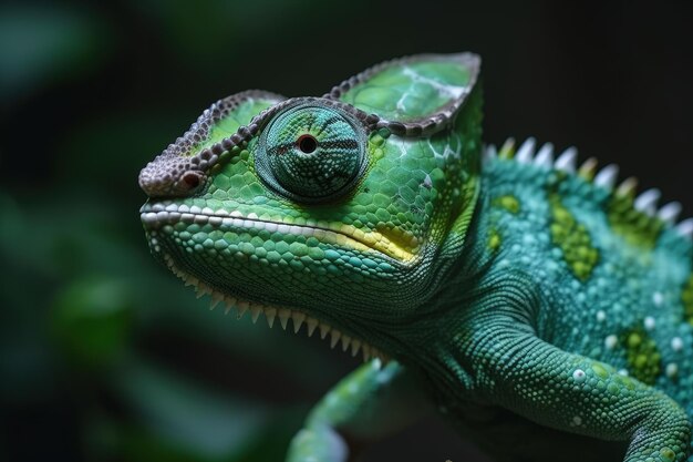 Um close-up de um camalão verde em uma IA geradora de galhos