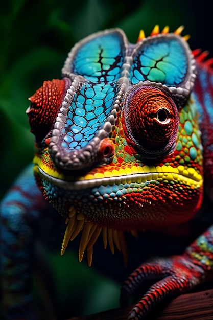 Um close-up de um camaleão curioso Olhos coloridos em um trópico Ilustração hiper-realista Arte fotográfica