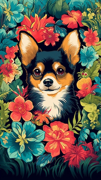 um close-up de um cão cercado por flores e folhas