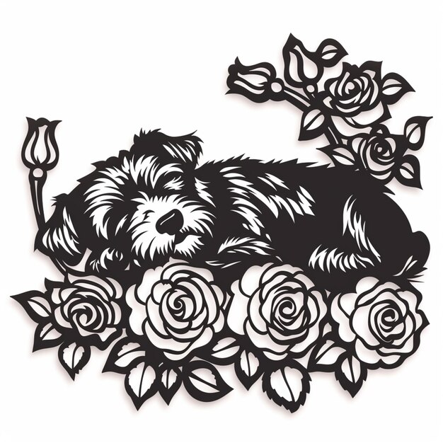 um close-up de um cão deitado em um leito de rosas generativo ai