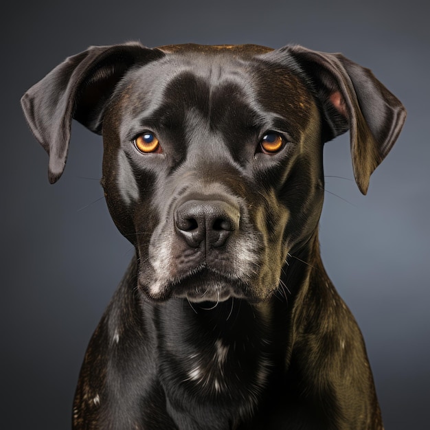 Foto um close-up de um cão preto com olhos laranja