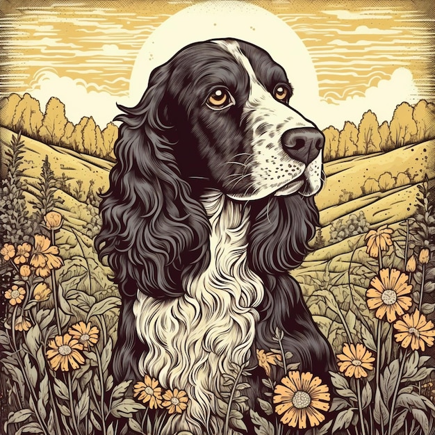 um close-up de um cão sentado em um campo de flores generativo ai