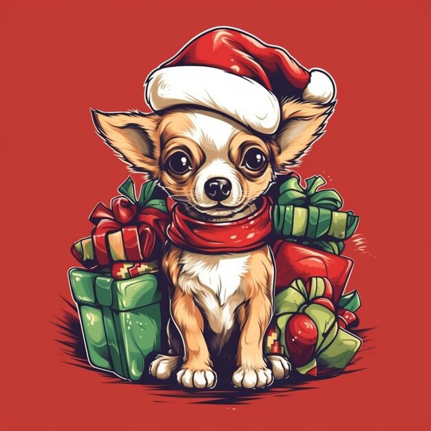 Um close-up de um cão vestindo um chapéu de Santa com presentes generativos ai