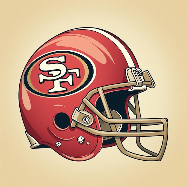 Foto um close-up de um capacete de futebol com um logotipo dos san francisco 49ers