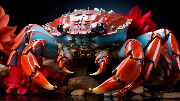 Foto um close-up de um caranguejo vermelho em um prato com velas em chamas na superfície escura