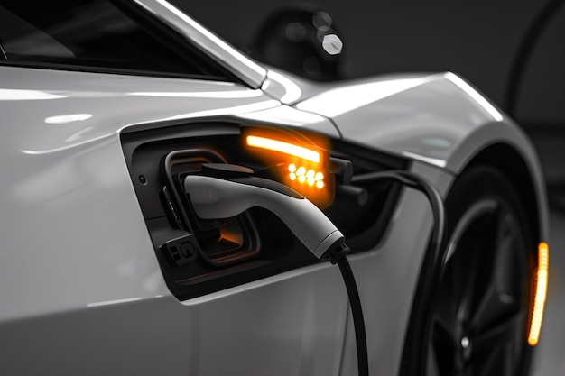 um close-up de um carro com as luzes acesas cena de carregamento de veículo elétrico novo veículo de energia eléctrico futuro