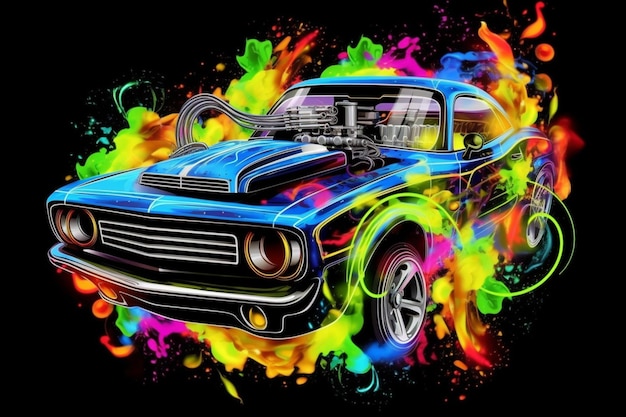 Foto um close-up de um carro com um salpico de tinta colorida sobre ele ai generativo