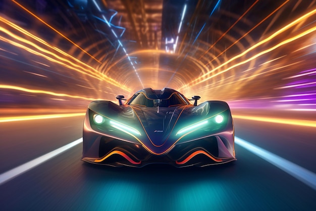 Um close-up de um carro dirigindo por um túnel com luzes generativas ai
