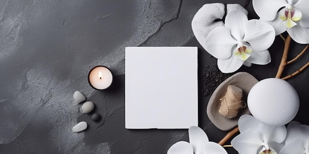 Foto um close-up de um cartão branco cercado por orquídeas brancas e uma vela generativa ai