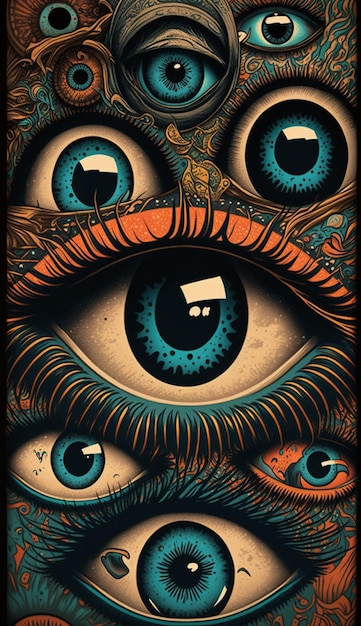Um close-up de um cartaz com um monte de olhos generative ai