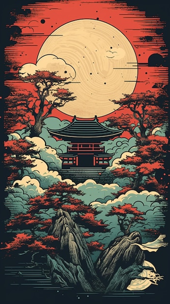 Um close-up de um cartaz com uma montanha e um pagode no fundo