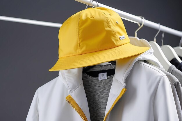 Um close-up de um casaco branco e um chapéu amarelo em um gancho generativo ai