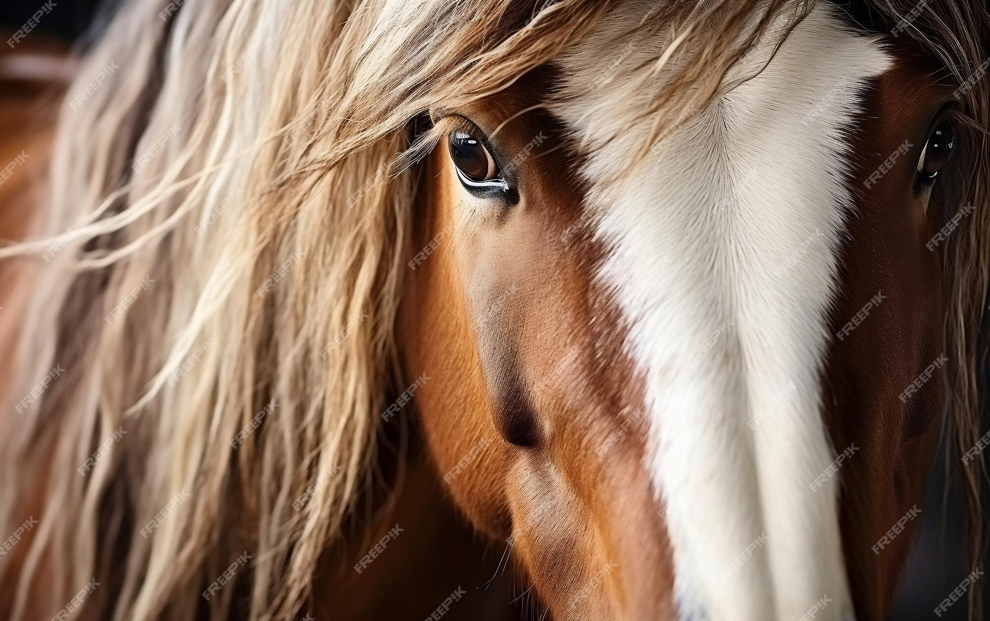 Close-up de um rosto de cavalo, frente da cabeça do cavalo marrom em fundo  branco isolado