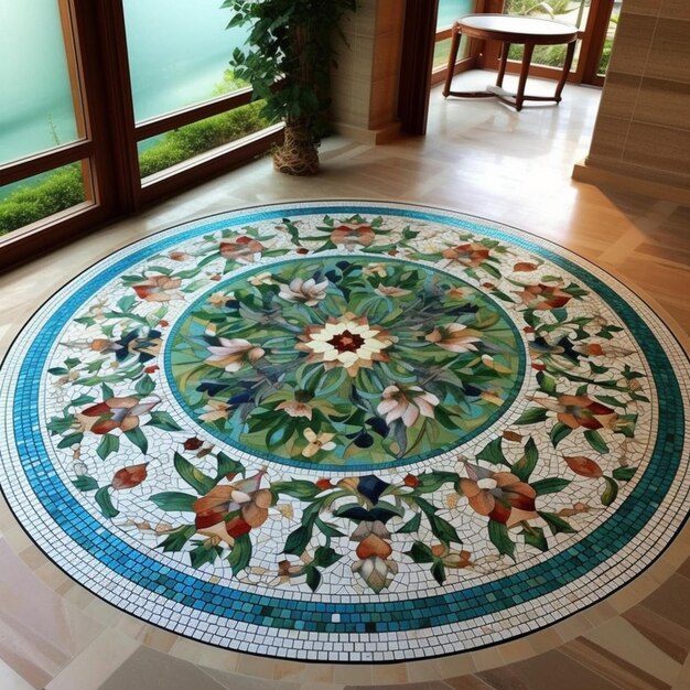 um close-up de um chão de azulejos circular com um design de flor generativo ai