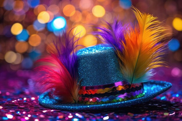 Um close-up de um chapéu de festa de Ano Novo com lantejoulas coloridas e uma borla vibrante Generative AI