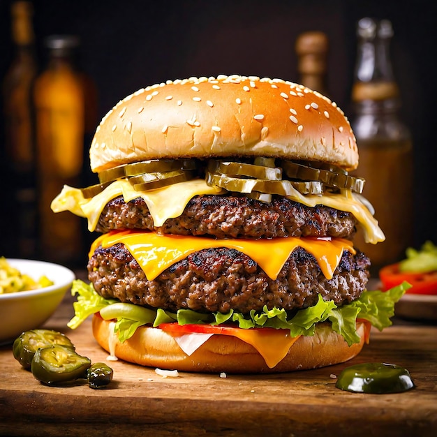 Um close-up de um cheeseburger com picles e queijo