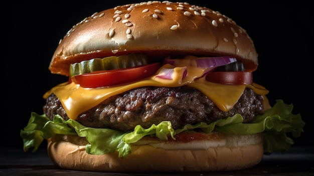 Um close-up de um cheeseburger com tomate, cebola e alface nele