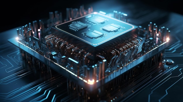 Um close-up de um chip de computador com um backgroundgenerative ai azul