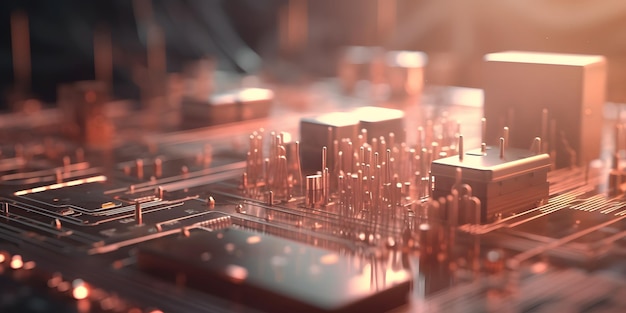 Um close-up de um chip de computador com uma placa de circuito de cor de cobre e as palavras "eletrônico" nela