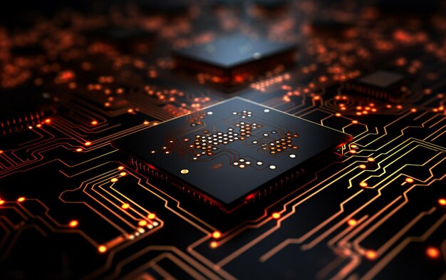 Um close-up de um chip de computador em uma placa de circuito impresso