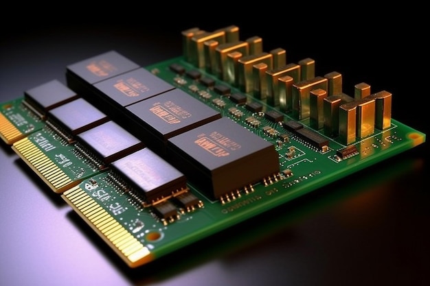 Um close-up de um chip de computador em uma placa verde generativa ai