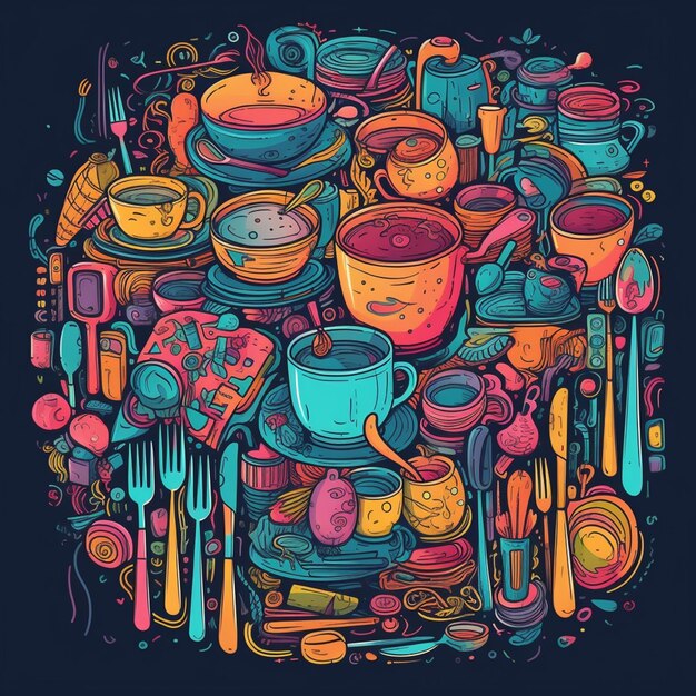 Foto um close-up de um círculo de itens de cozinha coloridos generativo ai