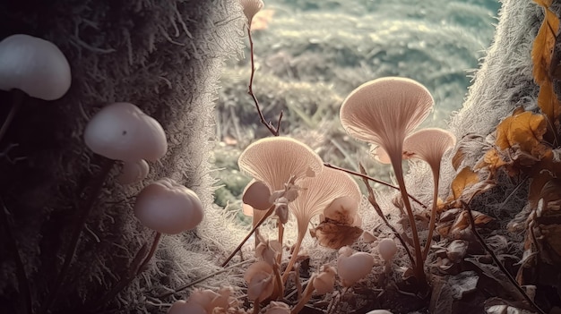 Um close-up de um cogumelo com uma flor rosa na parte inferior.